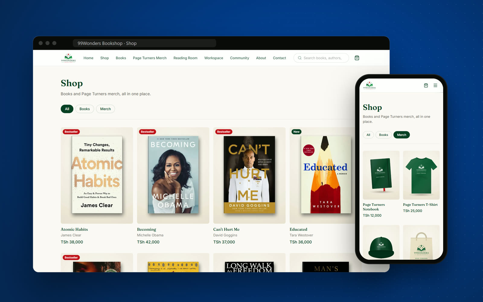 99Wonders Bookshop online store showing books and Page Turners merch with prices, on desktop and mobile, built by Sbi Digital
