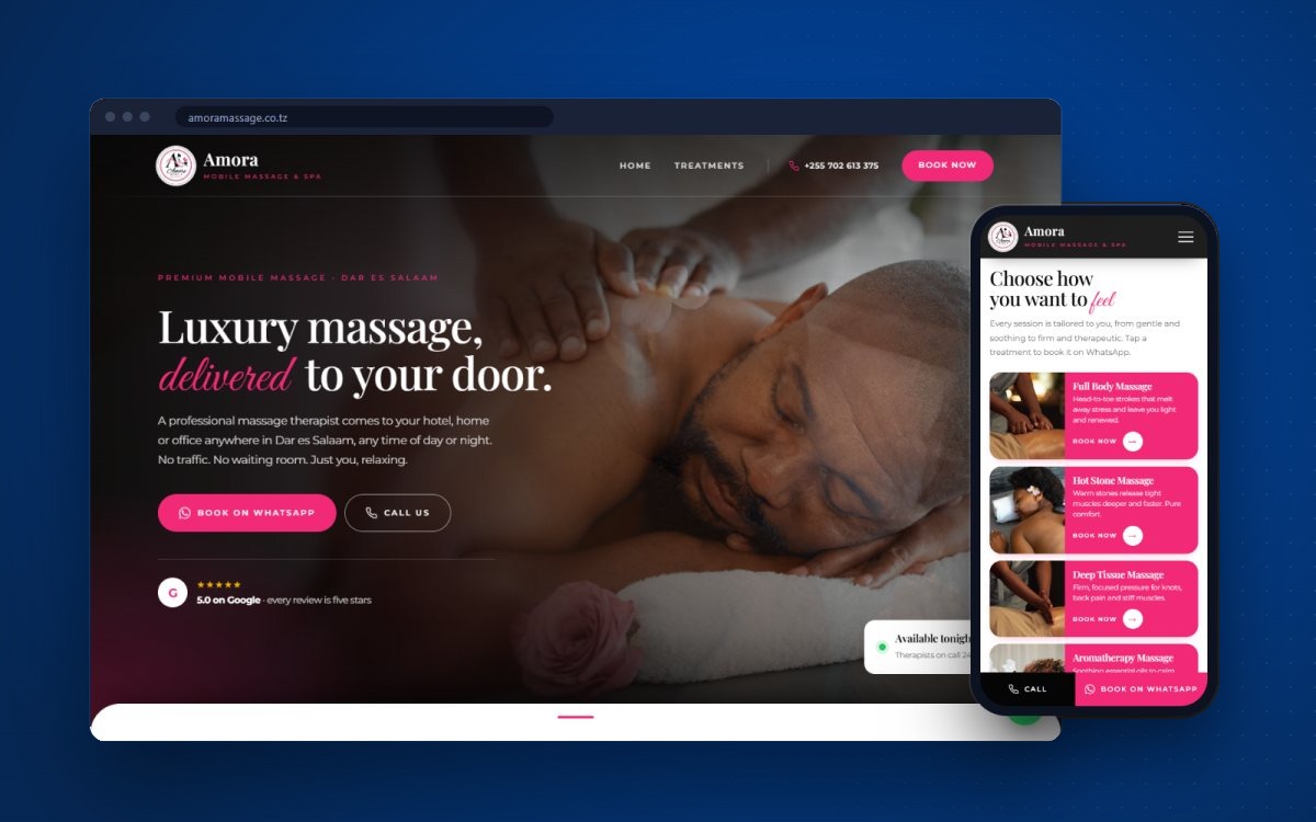Amora Mobile Massage and Spa website on desktop and mobile, designed and built by Sbi Digital