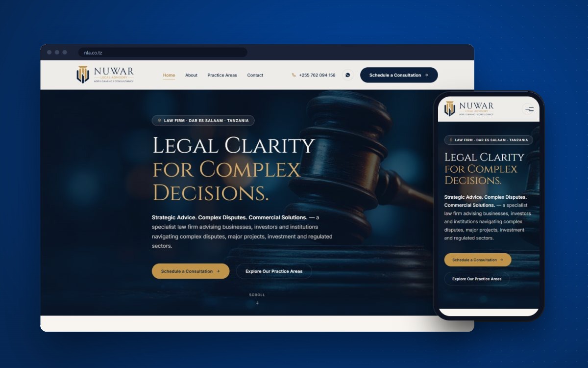 NuWar Legal Advisory website on desktop and mobile, designed and built by Sbi Digital